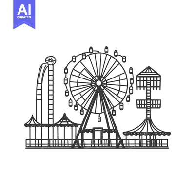 Aset desain premium: Illustration depicts an amusement park with various rides for entertai