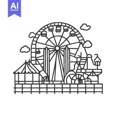 Aset premium populer: A detailed black and white line drawing of a fairground scene