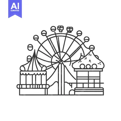 Aset desain premium: A line drawing illustration depicting a carnival amusement park scene