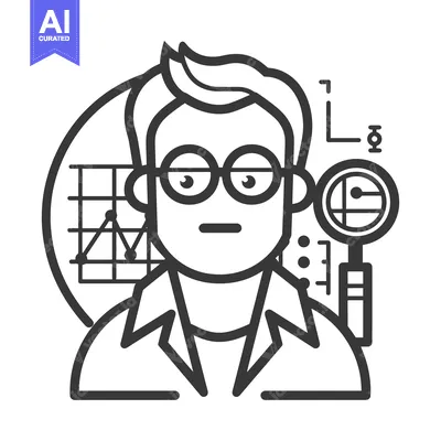 A scientist with glasses analyzing data with a magnifying glass