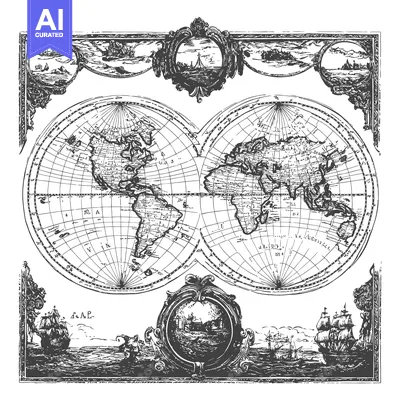 Aset desain premium: An Antique World Map Framed by Nautical Scenes and Ornate Designs