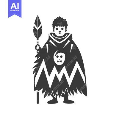 Aset desain premium: A Native American Shaman Holding a Feather Staff