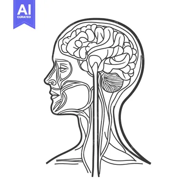 Aset premium populer: Line drawing illustration of the human head and brain anatomy