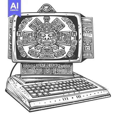 Aset desain premium: An Aztec-Style Computer With a Mayan Mask Display