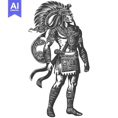 Aset desain premium: An Aztec Warrior with Elaborate Headwear and Armor