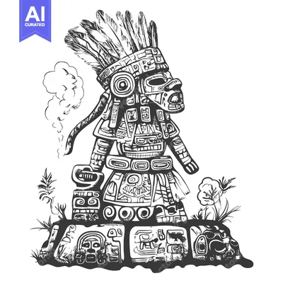 Aset desain premium: An Aztec Warrior with Elaborate Headwear Standing on a Stone Platform