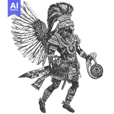 Aset desain premium: An Aztec Warrior with Feathered Headdress and Winged Garment