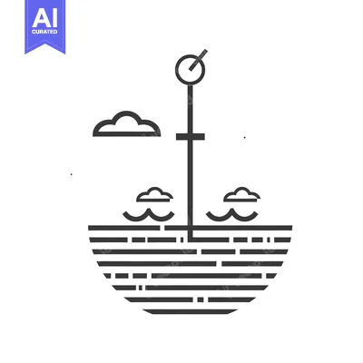 Aset desain premium: Anchor with Clouds and Striped Sea in Minimalist Design