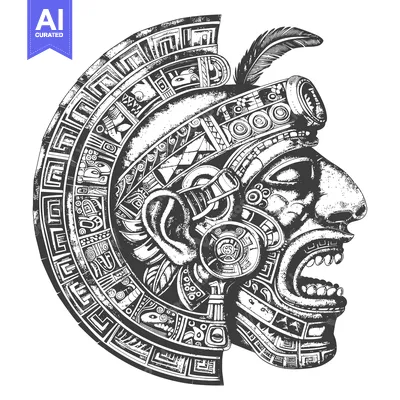 Premium design asset: Ancient Aztec God with Feather Headdress and Intricate Geometric Desig