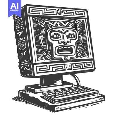 Premium design asset: Ancient Aztec Mask Inside a Retro Computer