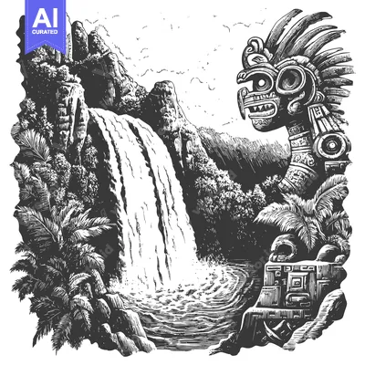 Premium design asset: Ancient Aztec Sculpture and Waterfall in a Lush Jungle