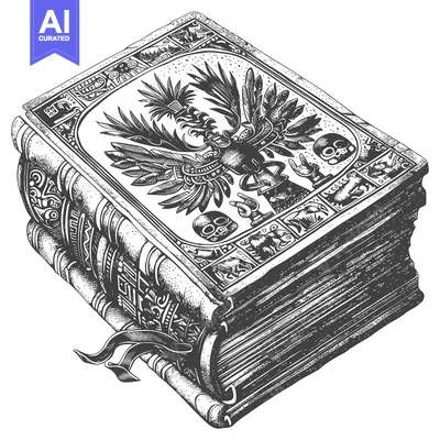 Aset desain premium: Ancient Book with Intricate Aztec-Inspired Artwork and Imagery