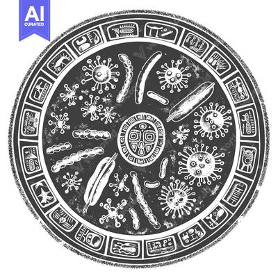 Aset desain premium: Ancient Circular Symbol with Viruses, Bacteria, and Glyphs