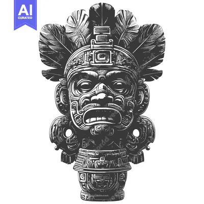 Aset desain premium: Ancient Mayan Carved Stone Face with Feathers