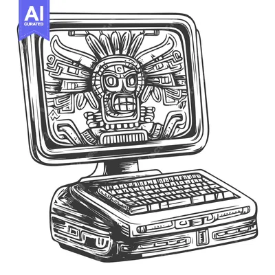 Aset desain premium: Ancient Mayan Deity Displayed on a Vintage Computer Monitor
