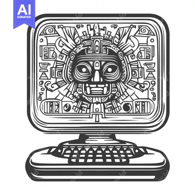 Aset desain premium: Ancient Mayan Deity Face on a Computer Screen