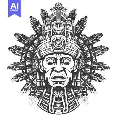 Aset desain premium: Ancient Mayan Deity with Feather Headdress and Geometric Patterns