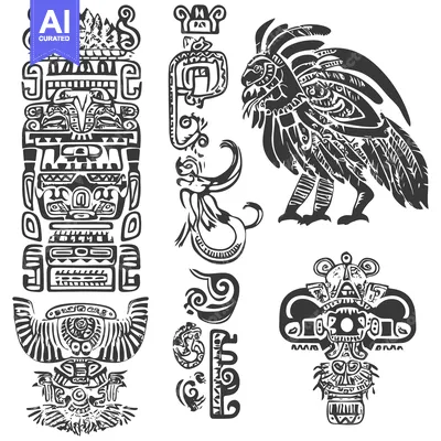 Aset desain premium: Ancient Mayan Glyphs and Stylized Bird Design