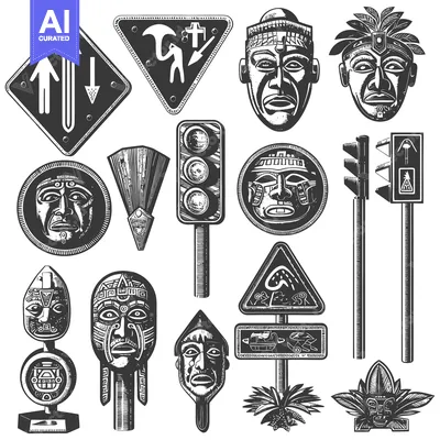 Premium design asset: Ancient Mayan Masks and Traffic Signs in Black and White