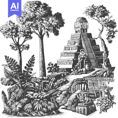Aset desain premium: Ancient Mayan Pyramid with Jungle Foliage and Stairway
