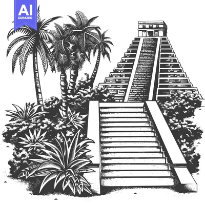 Aset desain premium: Ancient Mayan Pyramid with Tropical Palm Trees and Steps