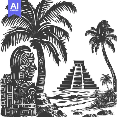 Aset desain premium: Ancient Mayan Ruins with Palm Trees and a Stone Idol