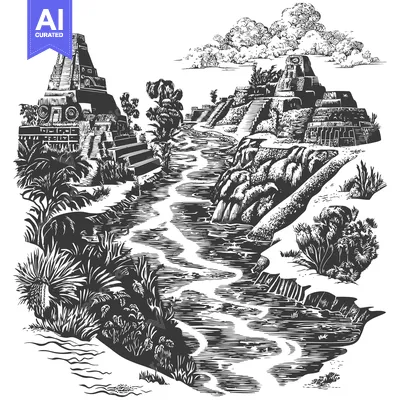 Ancient Mayan Ruins With River and Lush Vegetation