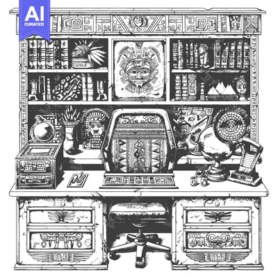 Aset desain premium: Ancient Mayan-Style Desk with Carvings and Artifacts