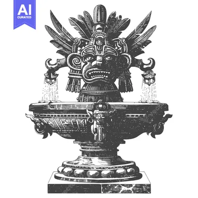 Aset desain premium: Ancient Mayan-Style Fountain with Carved Face and Spouts