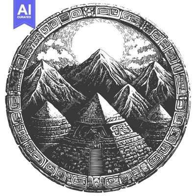 Aset desain premium: Ancient Mayan Temple and Mountains in a Circular Frame