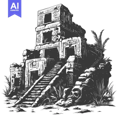 Aset desain premium: Ancient Mayan Temple Ruins with Skull and Steps