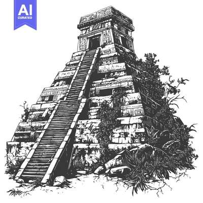 Premium design asset: Ancient Mayan Temple with Staircase and Jungle Foliage