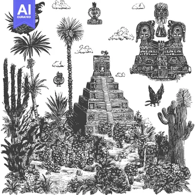 Aset premium populer: Ancient Mayan Temple with Surrounding Flora and Fauna