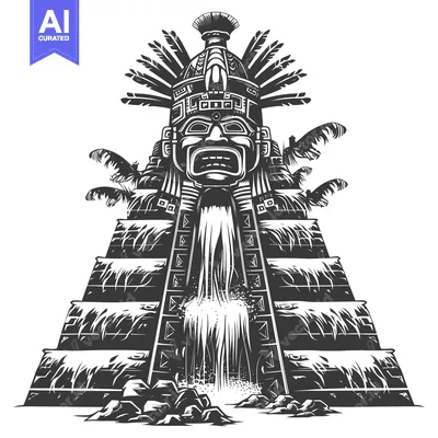 Aset desain premium: Ancient Mayan Temple with Waterfall and Feathers