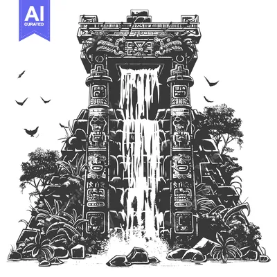Aset desain premium: Ancient Mayan Temple with Waterfall and Jungle