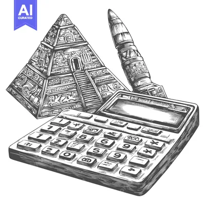 Aset desain premium: Ancient Pyramid, Missile, and Calculator in Hand-Drawn Style