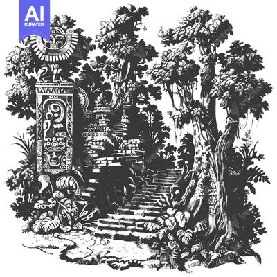 Aset desain premium: Ancient Stone Carving in a Lush Jungle Setting