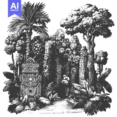 Aset desain premium: Ancient Stone Carving in a Tropical Jungle