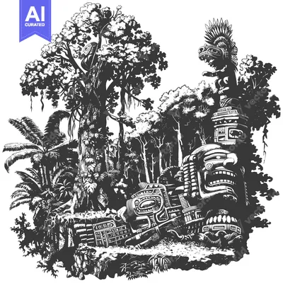 Premium design asset: Ancient Stone Carving in Lush Jungle Setting