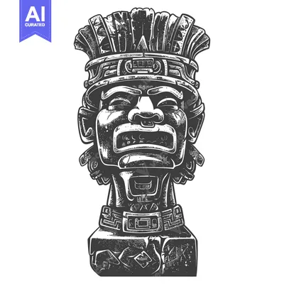 Premium design asset: Ancient Stone Carving of a Mayan Head with Feathered Headdress
