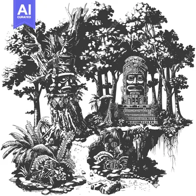 Aset desain premium: Ancient Stone Carvings Hidden in a Lush Jungle