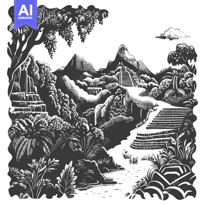 Aset desain premium: Ancient Stone Steps Leading to a Lost City in a Lush Jungle