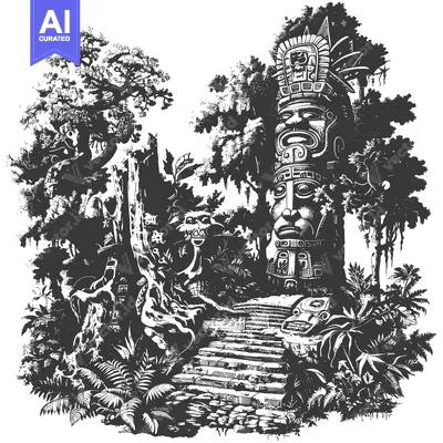 Aset desain premium: Ancient Stone Totem Standing in a Dense Jungle