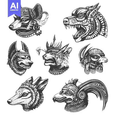 Aset desain premium: Ancient Tribal Animal Heads with Elaborate Headwear