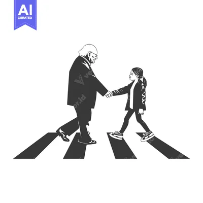 Aset premium populer: An elderly man and a young girl walking hand-in-hand across a crosswal