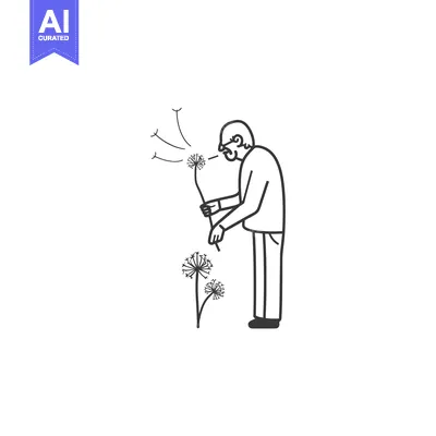 Aset premium populer: An elderly man blows on a dandelion while standing next to a plant wit
