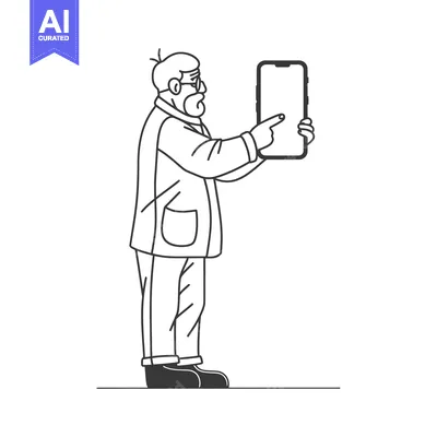 Premium design asset: An elderly man in glasses pointing at a smartphone.