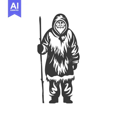 Aset premium populer: An Elderly Man in Traditional Arctic Clothing with a Staff