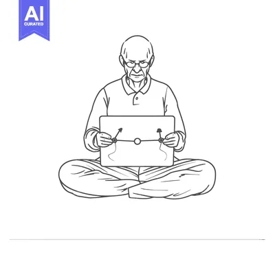 Aset desain premium: An Elderly Man Sitting Cross-legged, Looking Down at a Laptop