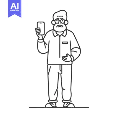 An elderly man wearing glasses holds a smartphone with a confused expr
